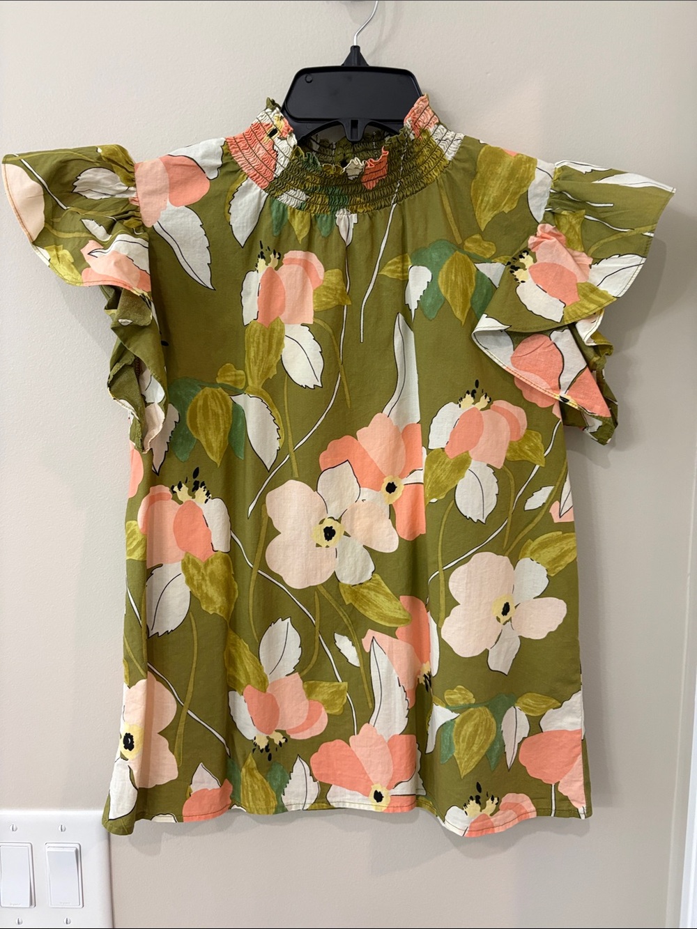 THML Floral Ruffle Sleeve Top - Olive Green